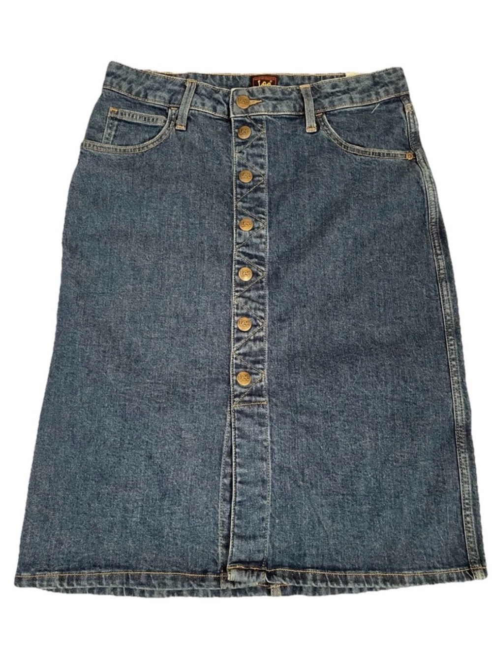 Vintage Lee Denim Skirt 90s High Waist Button Midi Western Size 6 - 32 in Waist